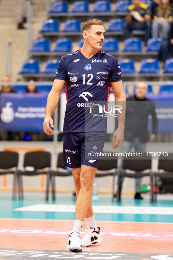 Andreas Takvam participates in a match of the PLUS Liga between Stal Nysa and ZAKSA Kedzierzyn Kozle in Nysa, Poland, on November 3, 2024. 