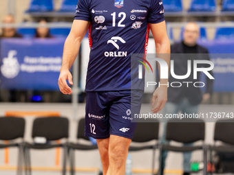 Andreas Takvam participates in a match of the PLUS Liga between Stal Nysa and ZAKSA Kedzierzyn Kozle in Nysa, Poland, on November 3, 2024. (