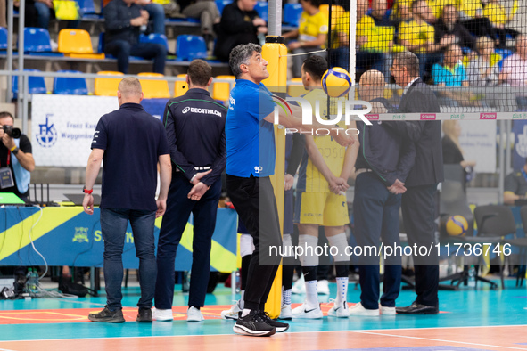 Andrea Giani participates in a match of the PLUS Liga between Stal Nysa and ZAKSA Kedzierzyn Kozle in Nysa, Poland, on November 3, 2024. 