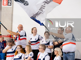 Fans attend a match of the PLUS Liga between Stal Nysa and ZAKSA Kedzierzyn Kozle in Nysa, Poland, on November 3, 2024. (