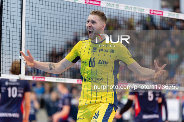 Kamil Kosiba participates in a match of the PLUS Liga between Stal Nysa and ZAKSA Kedzierzyn Kozle in Nysa, Poland, on November 3, 2024. 