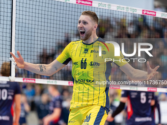 Kamil Kosiba participates in a match of the PLUS Liga between Stal Nysa and ZAKSA Kedzierzyn Kozle in Nysa, Poland, on November 3, 2024. (