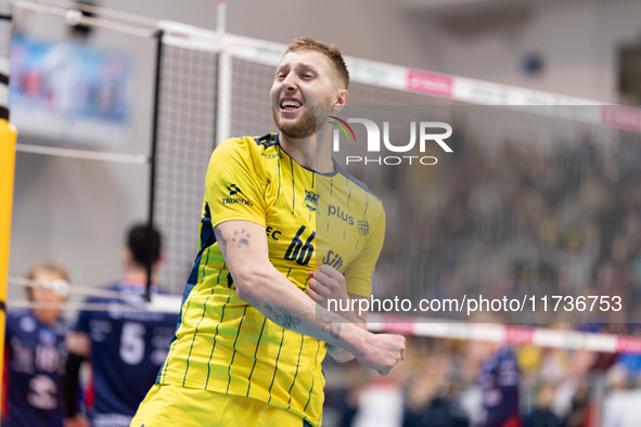 Kamil Kosiba participates in a match of the PLUS Liga between Stal Nysa and ZAKSA Kedzierzyn Kozle in Nysa, Poland, on November 3, 2024. 