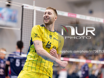 Kamil Kosiba participates in a match of the PLUS Liga between Stal Nysa and ZAKSA Kedzierzyn Kozle in Nysa, Poland, on November 3, 2024. (