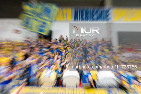 Fans attend a match of the PLUS Liga between Stal Nysa and ZAKSA Kedzierzyn Kozle in Nysa, Poland, on November 3, 2024. 