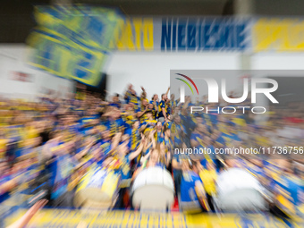 Fans attend a match of the PLUS Liga between Stal Nysa and ZAKSA Kedzierzyn Kozle in Nysa, Poland, on November 3, 2024. (