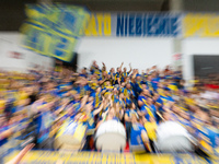 Fans attend a match of the PLUS Liga between Stal Nysa and ZAKSA Kedzierzyn Kozle in Nysa, Poland, on November 3, 2024. (