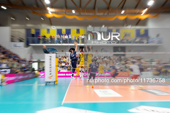 RAFAL SZYMURA participates in a match of the PLUS Liga between Stal Nysa and ZAKSA Kedzierzyn Kozle in Nysa, Poland, on November 3, 2024. 