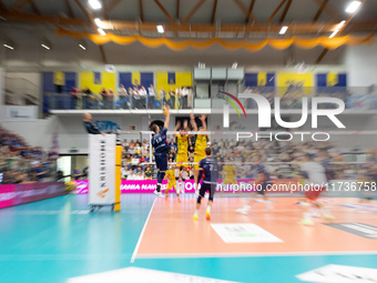 RAFAL SZYMURA participates in a match of the PLUS Liga between Stal Nysa and ZAKSA Kedzierzyn Kozle in Nysa, Poland, on November 3, 2024. (