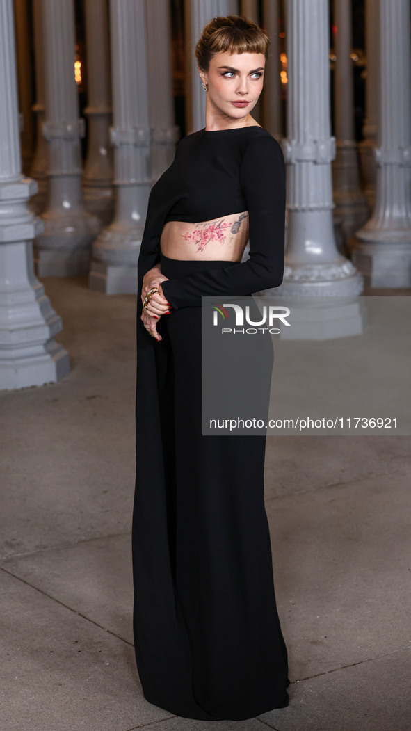 Cara Delevingne wearing Gucci arrives at the 13th Annual LACMA Art + Film Gala 2024 presented by Gucci held at the Los Angeles County Museum...