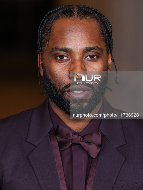 John David Washington wearing Gucci arrives at the 13th Annual LACMA Art + Film Gala 2024 presented by Gucci held at the Los Angeles County...