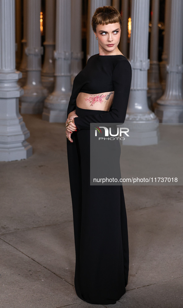 Cara Delevingne wearing Gucci arrives at the 13th Annual LACMA Art + Film Gala 2024 presented by Gucci held at the Los Angeles County Museum...