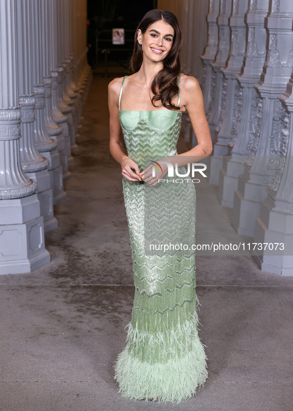 Kaia Gerber wearing Gucci arrives at the 13th Annual LACMA Art + Film Gala 2024 presented by Gucci held at the Los Angeles County Museum of...