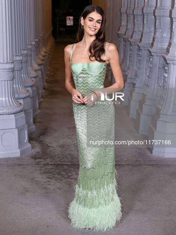 Kaia Gerber wearing Gucci arrives at the 13th Annual LACMA Art + Film Gala 2024 presented by Gucci held at the Los Angeles County Museum of...