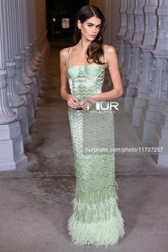 Kaia Gerber wearing Gucci arrives at the 13th Annual LACMA Art + Film Gala 2024 presented by Gucci held at the Los Angeles County Museum of...