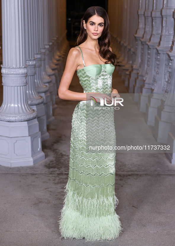 Kaia Gerber wearing Gucci arrives at the 13th Annual LACMA Art + Film Gala 2024 presented by Gucci held at the Los Angeles County Museum of...