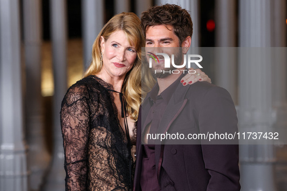 Laura Dern and Andrew Garfield both wearing Gucci arrive at the 13th Annual LACMA Art + Film Gala 2024 presented by Gucci held at the Los An...