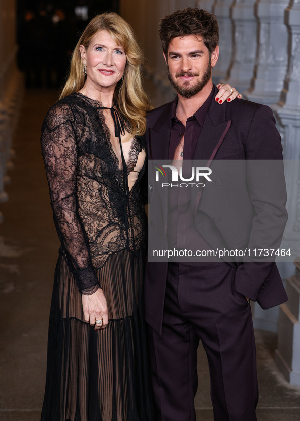 Laura Dern and Andrew Garfield both wearing Gucci arrive at the 13th Annual LACMA Art + Film Gala 2024 presented by Gucci held at the Los An...