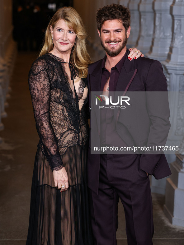 Laura Dern and Andrew Garfield both wearing Gucci arrive at the 13th Annual LACMA Art + Film Gala 2024 presented by Gucci held at the Los An...