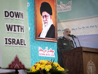 Hossein Salami, Commander-in-chief of the Islamic Revolutionary Guard Corps (IRGC), delivers speeches while attending an anti-U.S. and anti-...