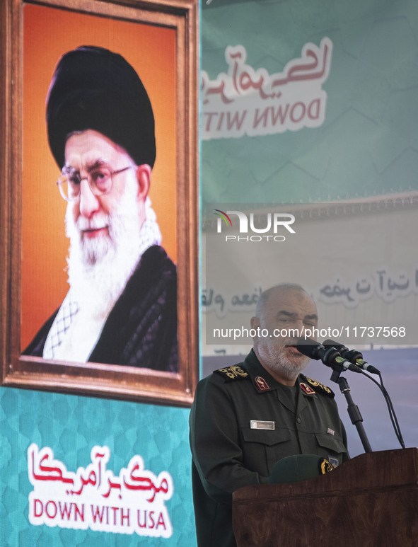 Hossein Salami, Commander-in-chief of the Islamic Revolutionary Guard Corps (IRGC), delivers speeches while attending an anti-U.S. and anti-...