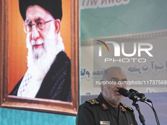 Hossein Salami, Commander-in-chief of the Islamic Revolutionary Guard Corps (IRGC), delivers speeches while attending an anti-U.S. and anti-...