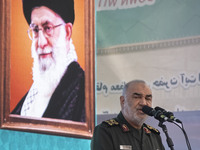 Hossein Salami, Commander-in-chief of the Islamic Revolutionary Guard Corps (IRGC), delivers speeches while attending an anti-U.S. and anti-...