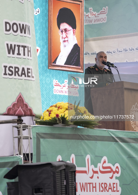 Hossein Salami, Commander-in-chief of the Islamic Revolutionary Guard Corps (IRGC), delivers speeches while attending an anti-U.S. and anti-...