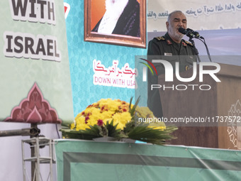 Hossein Salami, Commander-in-chief of the Islamic Revolutionary Guard Corps (IRGC), delivers speeches while attending an anti-U.S. and anti-...