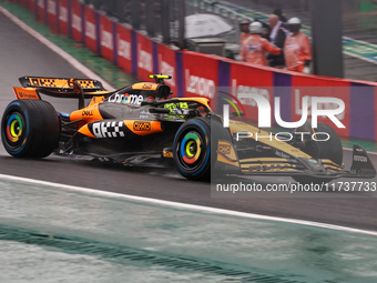 Lando Norris of the UK drives the McLaren F1 Team MCL38 Mercedes during the Formula 1 Lenovo Grande Premio De Sao Paulo 2024 in Sao Paulo, B...