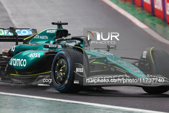 Lance Stroll of Canada drives the (18) Aston Martin Aramco Cognizant F1 Team AMR24 Mercedes during the Formula 1 Lenovo Grande Premio De Sao...