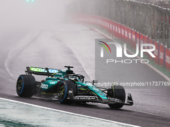 Lance Stroll of Canada drives the (18) Aston Martin Aramco Cognizant F1 Team AMR24 Mercedes during the Formula 1 Lenovo Grande Premio De Sao...