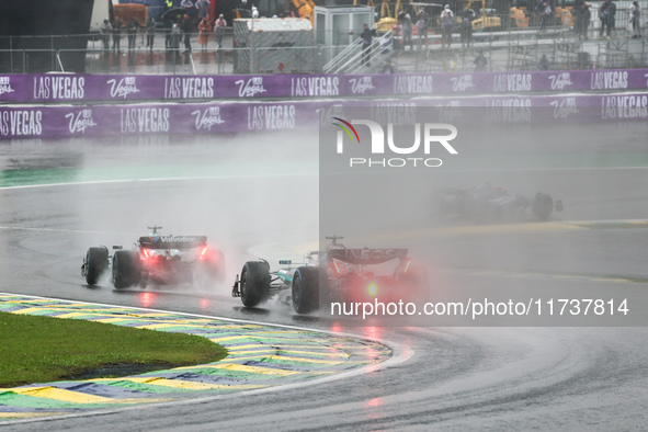 George Russell of the UK drives the (63) Mercedes-AMG Petronas F1 Team F1 W15 E Performance Mercedes during the Formula 1 Lenovo Grande Prem...