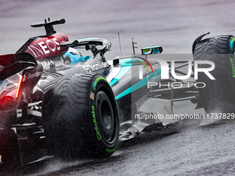 George Russell of the UK drives the (63) Mercedes-AMG Petronas F1 Team F1 W15 E Performance Mercedes during the Formula 1 Lenovo Grande Prem...