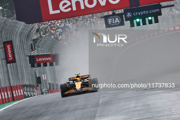 Lando Norris of the UK drives the McLaren F1 Team MCL38 Mercedes during the Formula 1 Lenovo Grande Premio De Sao Paulo 2024 in Sao Paulo, B...