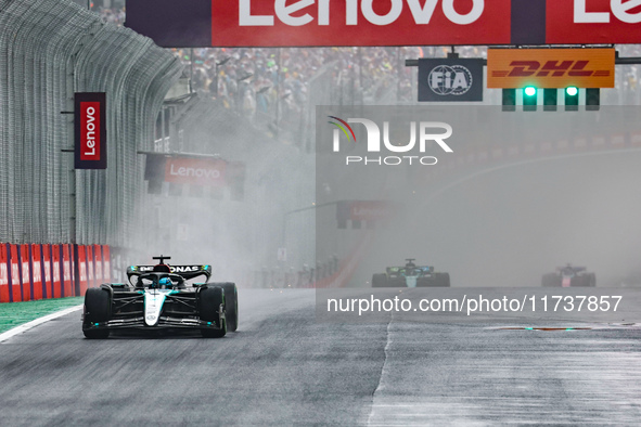 George Russell of the UK drives the (63) Mercedes-AMG Petronas F1 Team F1 W15 E Performance Mercedes during the Formula 1 Lenovo Grande Prem...