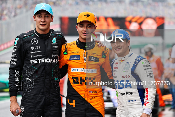 George Russell, Lando Norris, and Yuki Tsunoda participate in the Formula 1 Lenovo Grande Premio De Sao Paulo 2024 in Sao Paulo, Brazil, on...