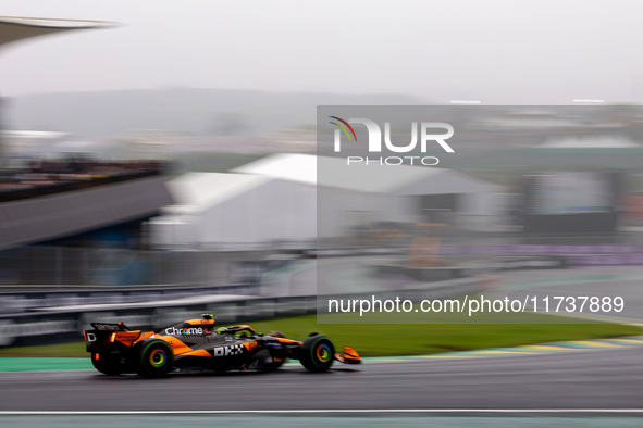 Lando Norris of the UK drives the McLaren F1 Team MCL38 Mercedes during the Formula 1 Lenovo Grande Premio De Sao Paulo 2024 in Sao Paulo, B...