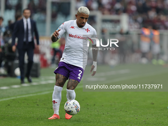 Dodo plays during the Serie A 2024-2025 match between Torino and Fiorentina in Torino, Italy, on November 3, 2024. 