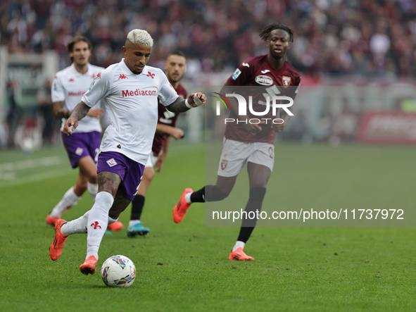 Dodo plays during the Serie A 2024-2025 match between Torino and Fiorentina in Torino, Italy, on November 3, 2024. 