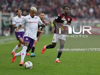 Dodo plays during the Serie A 2024-2025 match between Torino and Fiorentina in Torino, Italy, on November 3, 2024. (