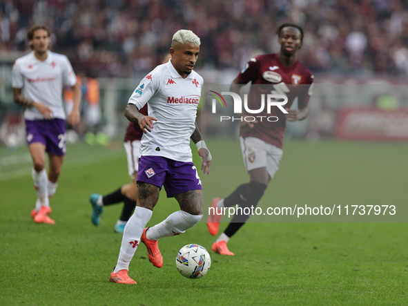 Dodo plays during the Serie A 2024-2025 match between Torino and Fiorentina in Torino, Italy, on November 3, 2024. 