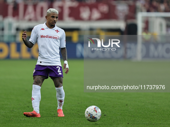 Dodo plays during the Serie A 2024-2025 match between Torino and Fiorentina in Torino, Italy, on November 3, 2024. 