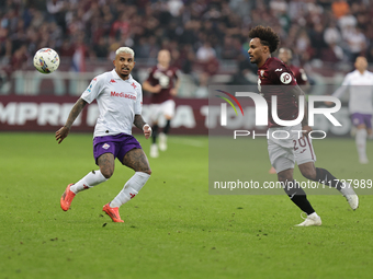 Dodo plays during the Serie A 2024-2025 match between Torino and Fiorentina in Torino, Italy, on November 3, 2024. (