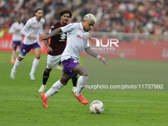 Dodo plays during the Serie A 2024-2025 match between Torino and Fiorentina in Torino, Italy, on November 3, 2024. 