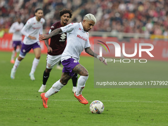 Dodo plays during the Serie A 2024-2025 match between Torino and Fiorentina in Torino, Italy, on November 3, 2024. (