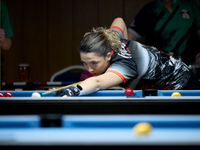 Jennifer Rumbado from the Gibraltar Pool Association ladies national team performs during one of the events at the inaugural IBF World Black...