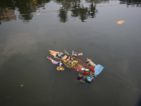 An idol of the Hindu goddess Kali floats after being immersed in a pond in Kolkata, India, on November 3, 2024. (