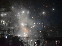 People enjoy a fireworks show in Kolkata, India, on November 3, 2024. (