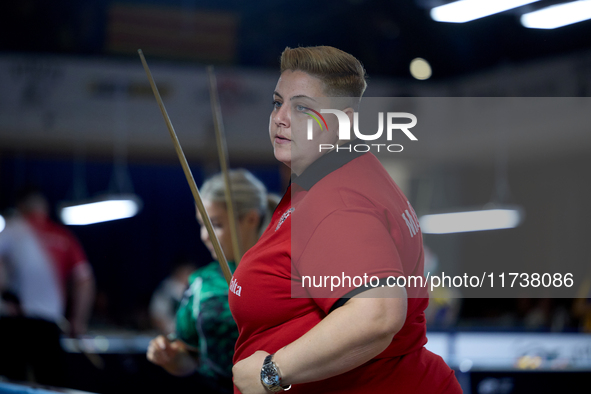 Donna Bugeja from the Malta Blackball ladies national team gestures during the inaugural IBF World Blackball Championships Malta 2024 at the...